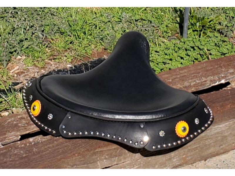 Harley Motorcycle Solo Seat - Black Leather Flame Design With Springs, Mounting Bracket Included