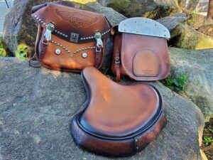Custom Leather Motorcycle Seat and Saddlebags