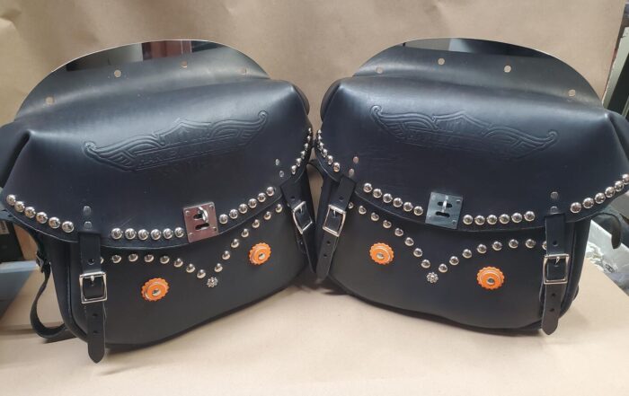 Custom Motorcycle Leather - Harley-Davidson Loc-Tite Saddlebags - Heather's Leathers